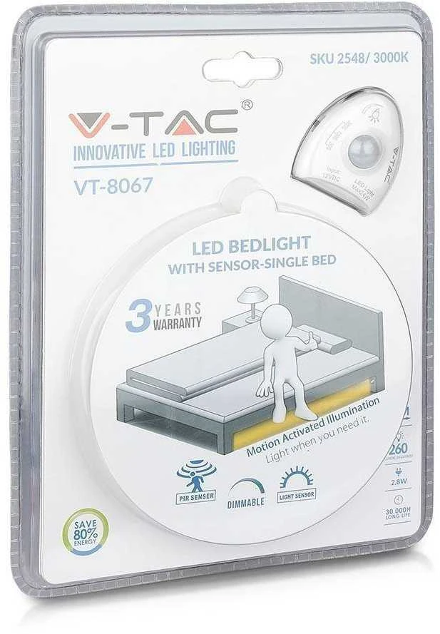 V-tac 3,5W/m LED juosta su judesio jutikliu, pritaikyta vienvietei lovai, 30 LED/m, 4000K, 1,2m