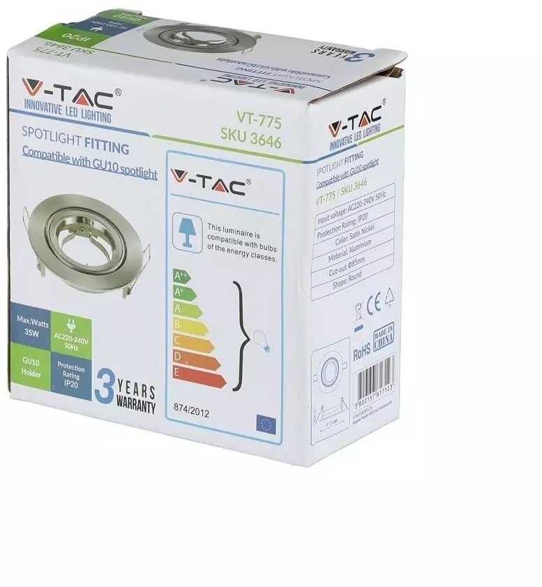 GU10 lemputės rėmelis V-TAC, apvalus, nikelio sp, Φ95 x 32 mm