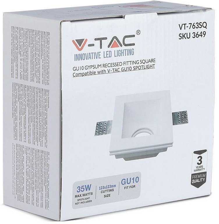 V-tac GU10 lemputės rėmelis, kvadratinis, baltas, gilus, 120x120mm