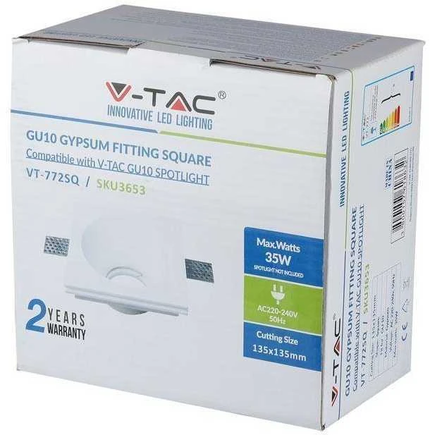 V-tac GU10 lemputės rėmelis, baltas, kvadratinis, gilus, 121x121mm