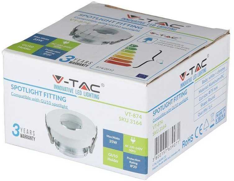 V-tac GU10 lemputės įmontuojamas rėmelis, apvalus, 80x42mm, baltos/chromo spalvos