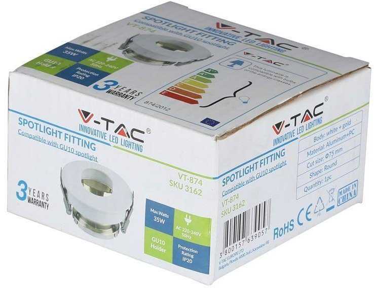 V-tac GU10 lemputės įmontuojamas rėmelis, apvalus, 80x42mm, baltos/aukso spalvos