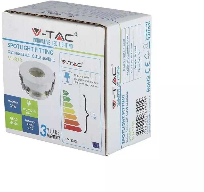 V-tac GU10 lemputės įmontuojamas rėmelis, apvalus, 80x42mm, baltos/aukso spalvos