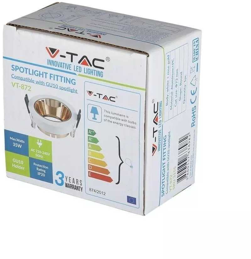 V-tac GU10 lemputės įmontuojamas rėmelis, apvalus, baltos/rožinio aukso spalvos