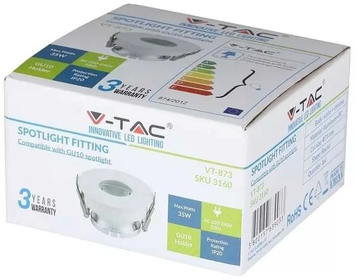 V-tac GU10 lemputės įmontuojamas rėmelis, apvalus, 80x42mm, baltos/chromo spalvos