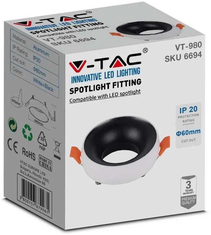 V-tac Apvalus GU10 lemputės rėmelis, baltas korpusas/juodas reflektorius