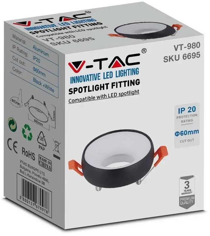 V-tac Apvalus GU10 lemputės rėmelis, juodas korpusas/baltas reflektorius