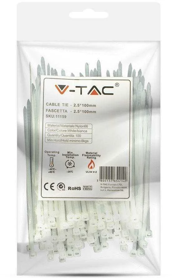 Opaski zaciskowe V-TAC 2.5x100mm balta 8kg Nylon66 (pakuotė. 100szt)