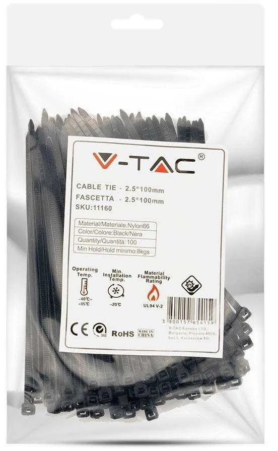 Opaski zaciskowe V-TAC 2.5x100mm juoda 8kg Nylon66 (pakuotė. 100szt)
