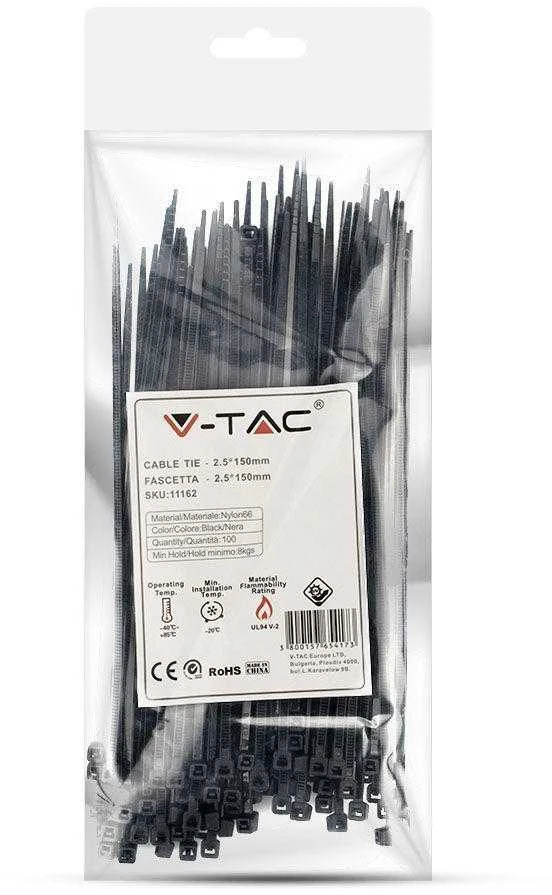 Opaski zaciskowe V-TAC 2.5x150mm juoda 8kg Nylon66 (pakuotė. 100szt)