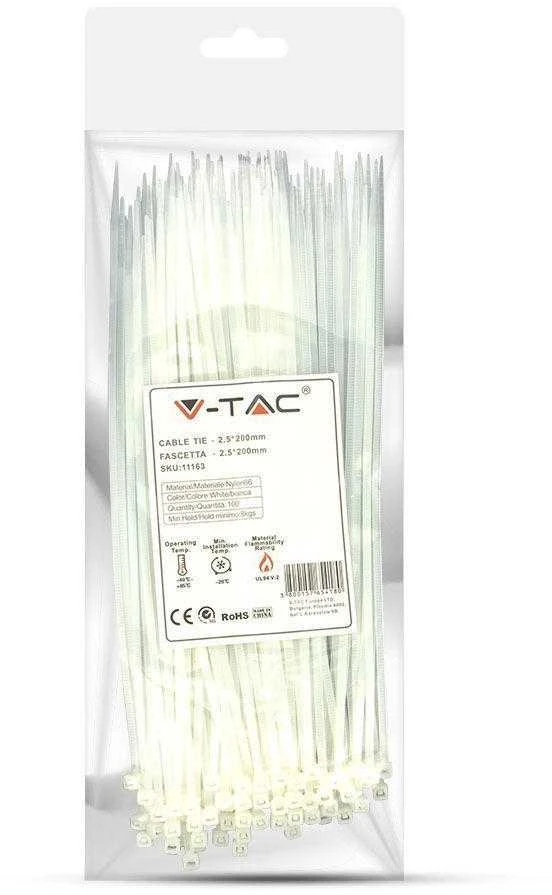Opaski zaciskowe V-TAC 2.5x200mm balta 8kg Nylon66 (pakuotė. 100szt)