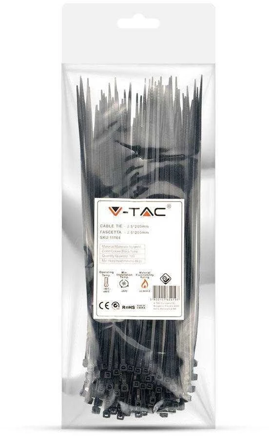 Opaski zaciskowe V-TAC 2.5x200mm juoda 8kg Nylon66 (pakuotė. 100szt)
