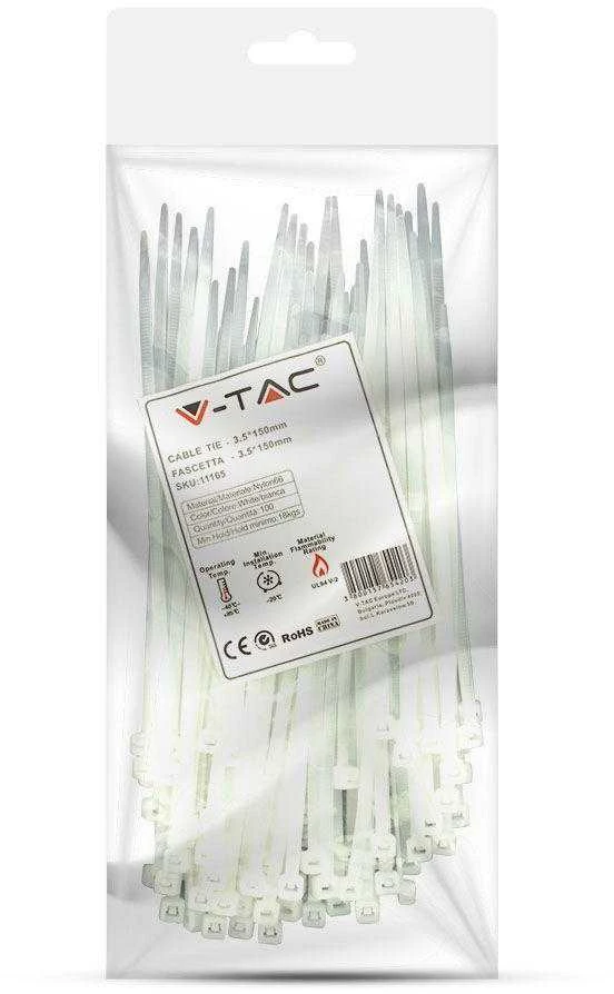 Opaski zaciskowe V-TAC 3.5x150mm balta 18kg Nylon66 (pakuotė. 100szt)