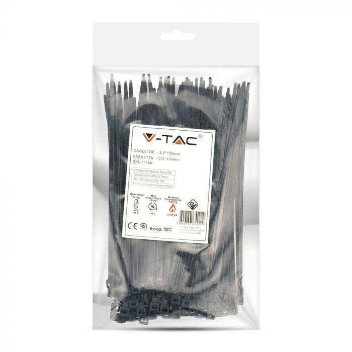 Opaski zaciskowe V-TAC 3.5x150mm juoda 18kg Nylon66 (pakuotė. 100szt)