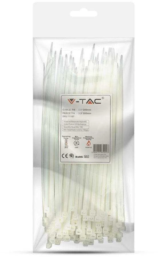 Opaski zaciskowe V-TAC 3.5x200mm balta 18kg Nylon66 (pakuotė. 100szt)