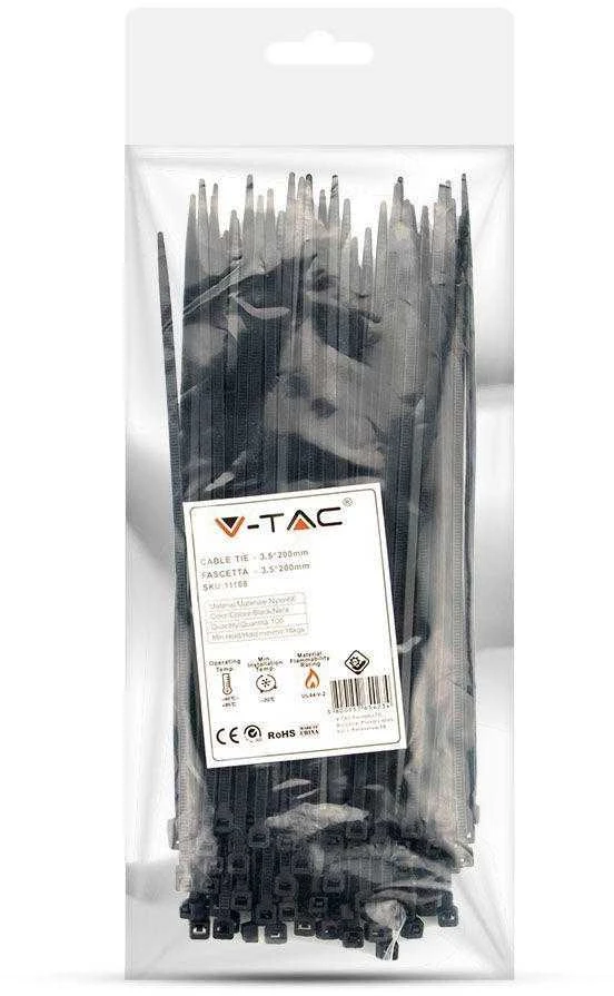 Opaski zaciskowe V-TAC 3.5x200mm juoda 18kg Nylon66 (pakuotė. 100szt)