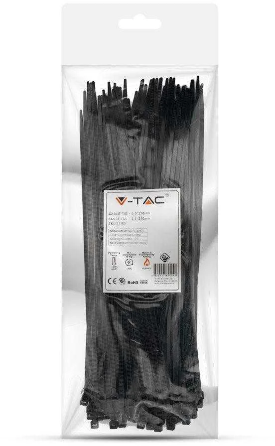 Opaski zaciskowe V-TAC 3.5x250mm juoda 18kg Nylon66 (pakuotė. 100szt)