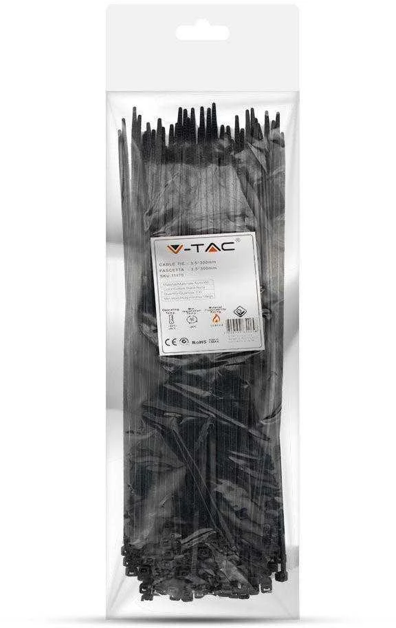 Opaski zaciskowe V-TAC 3.5x300mm juoda 18kg Nylon66 (pakuotė. 100szt)