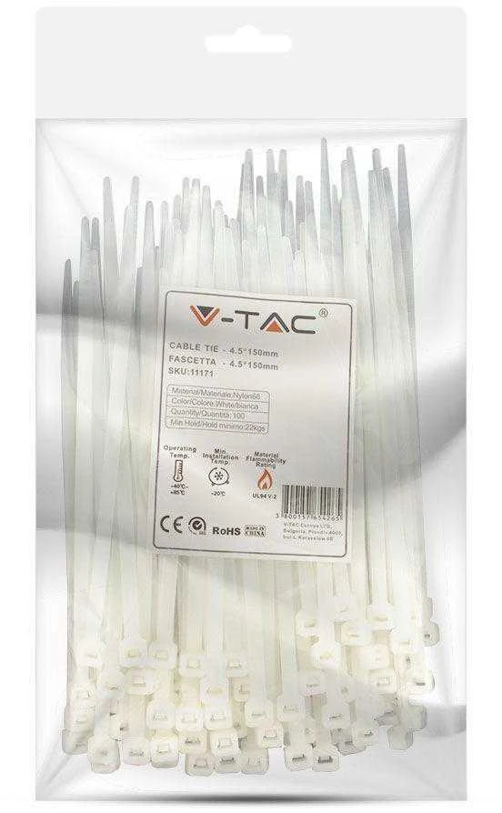 Opaski zaciskowe V-TAC 4.5x150mm balta 22kg Nylon66 (pakuotė. 100szt)