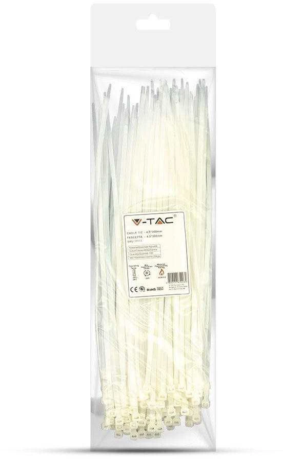 Opaski zaciskowe V-TAC 4.5x300mm balta 22kg Nylon66 (pakuotė. 100szt)