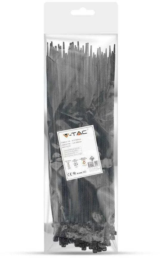 Opaski zaciskowe V-TAC 4.5x300mm juoda 22kg Nylon66 (pakuotė. 100szt)