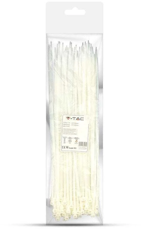 Opaski zaciskowe V-TAC 4.5x350mm balta 22kg Nylon66 (pakuotė. 100szt)