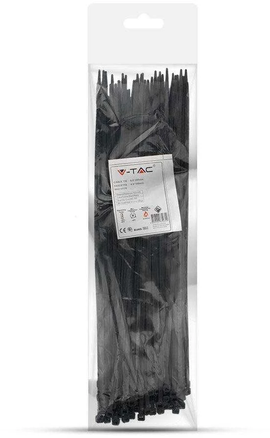 Opaski zaciskowe V-TAC 4.5x350mm juoda 22kg Nylon66 (pakuotė. 100szt)