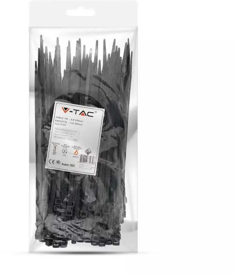 Opaski zaciskowe V-TAC 4.8x200mm juoda 22kg Nylon66 (pakuotė. 100szt)
