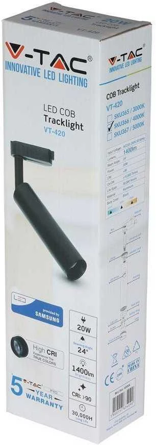 20W LED šviestuvas ant bėgelio V-TAC, juodu korpusu, 5000K (šaltai balta), SAMSUNG LED chip
