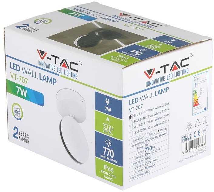 V-tac 7W LED sieninis šviestuvas, baltas, IP65, 4000K