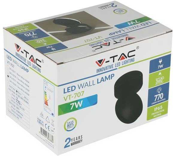 V-tac 7W LED sieninis šviestuvas, juodas, IP65, 3000K