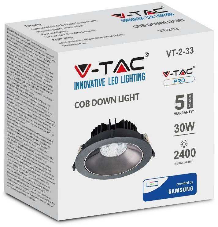 30W įleidžiamas šviestuvas V-TAC, 6400K, juodas