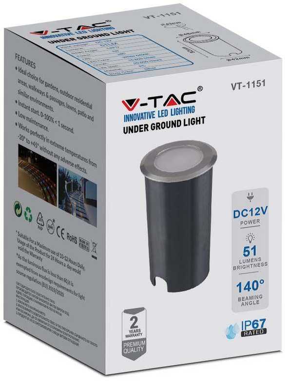 V-tac 1W LED įmontuojamas grindinio šviestuvas, sidabro sp., 6400K, IP67