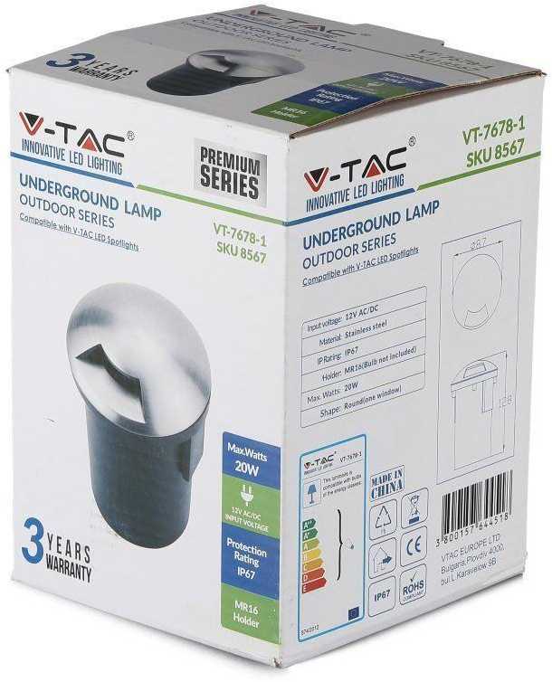 V-tac Grindinio šviestuvas MR16 nerūdijančio plieno rėmeliu, juodas/sidabrinis, apvalus su 1 ertme, IP67