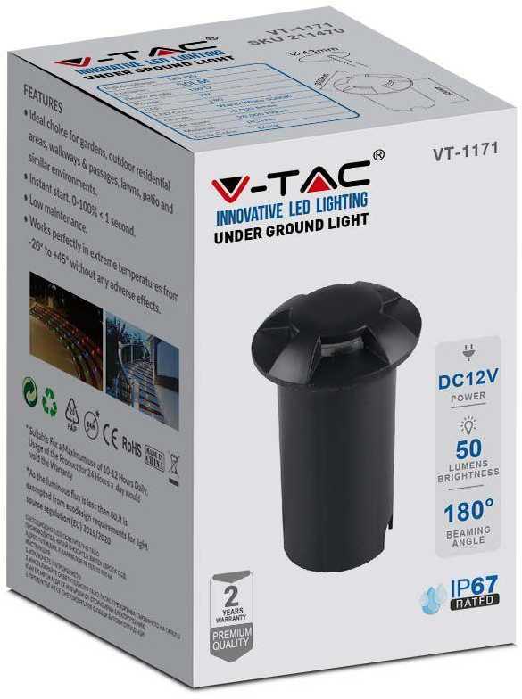 V-tac 1W LED įmontuojamas grindinio šviestuvas, juodas, 3000K, IP67
