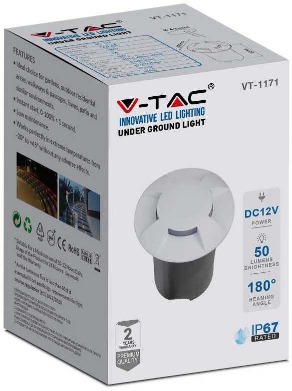 V-tac 1W LED įmontuojamas grindinio šviestuvas, baltas, 3000K, IP67