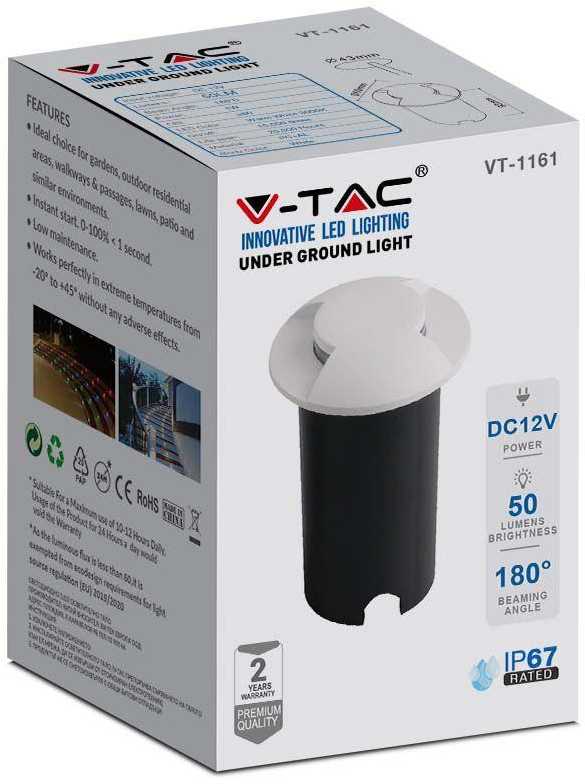 V-tac 1W LED įmontuojamas grindinio šviestuvas, baltas, 3000K, IP67
