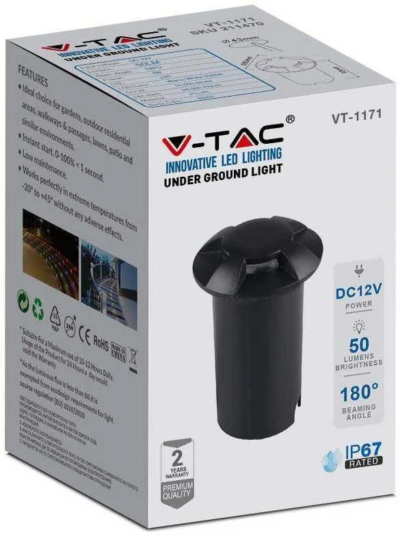 V-tac 1W LED įmontuojamas grindinio šviestuvas, juodas, 6400K, IP67