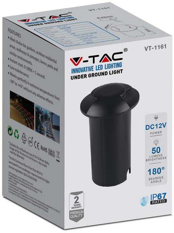 V-tac 1W LED įmontuojamas grindinio šviestuvas, juodas, 3000K, IP67