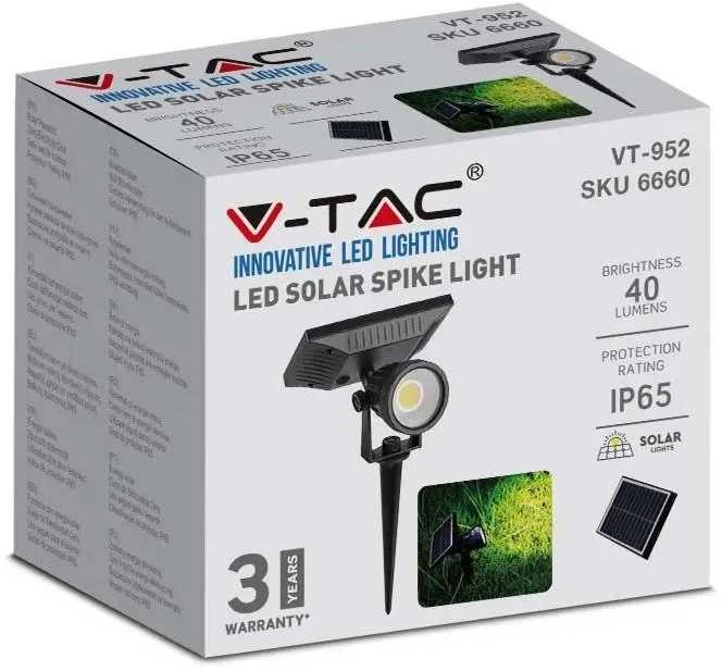 V-tac 2W LED įsmeigiamas lauko šviestuvas, juodas, 3000K, IP65, su saulės baterija