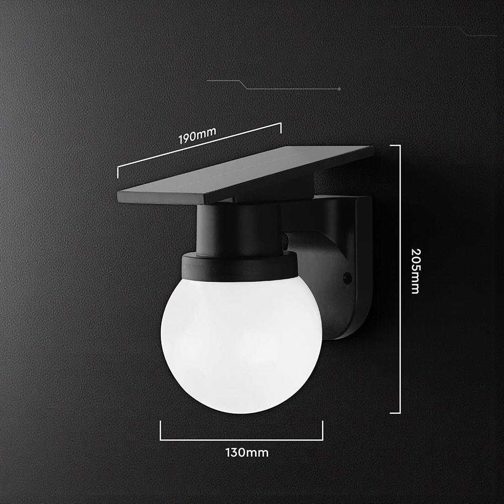 Sieninis šviestuvas 0,9W LED įkraunamas sieninis fasado šviestuvas, juodas, 3000/4000/6400K, IP54, su saulės baterija
