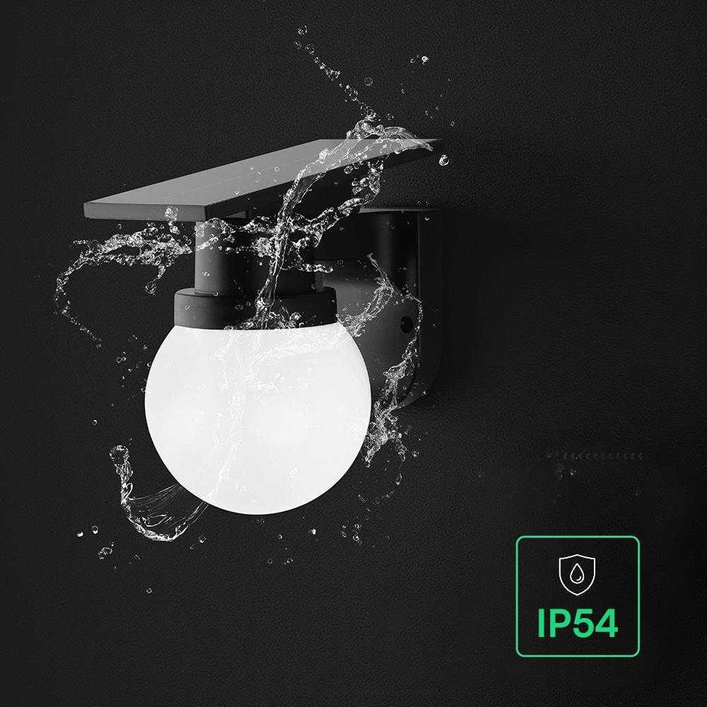 Sieninis šviestuvas 0,9W LED įkraunamas sieninis fasado šviestuvas, juodas, 3000/4000/6400K, IP54, su saulės baterija