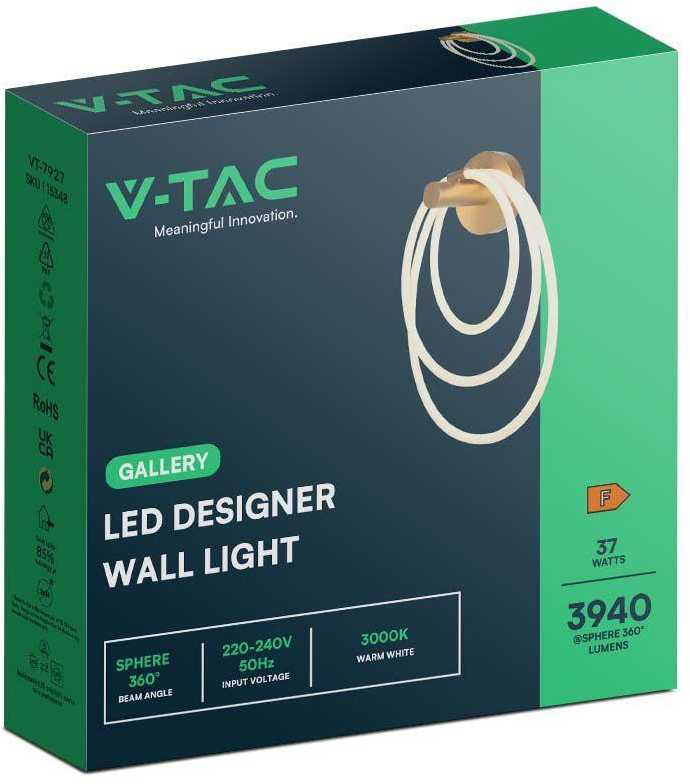 V-tac 36W LED sieninis šviestuvas, aukso sp., 3000K