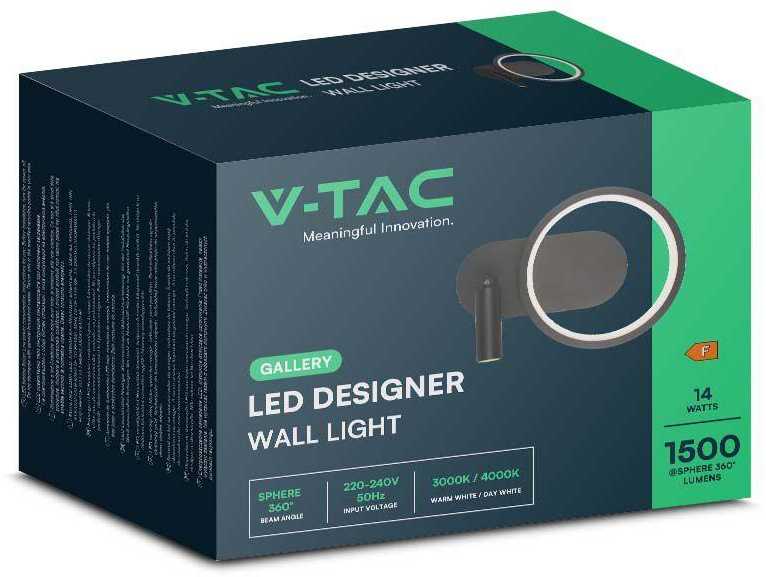 V-tac 14W LED sieninis šviestuvas, juodas, 3000K
