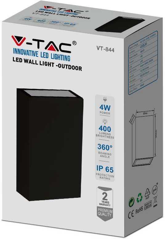 V-tac 4W LED sieninis šviestuvas, juodas, 6400K, IP65