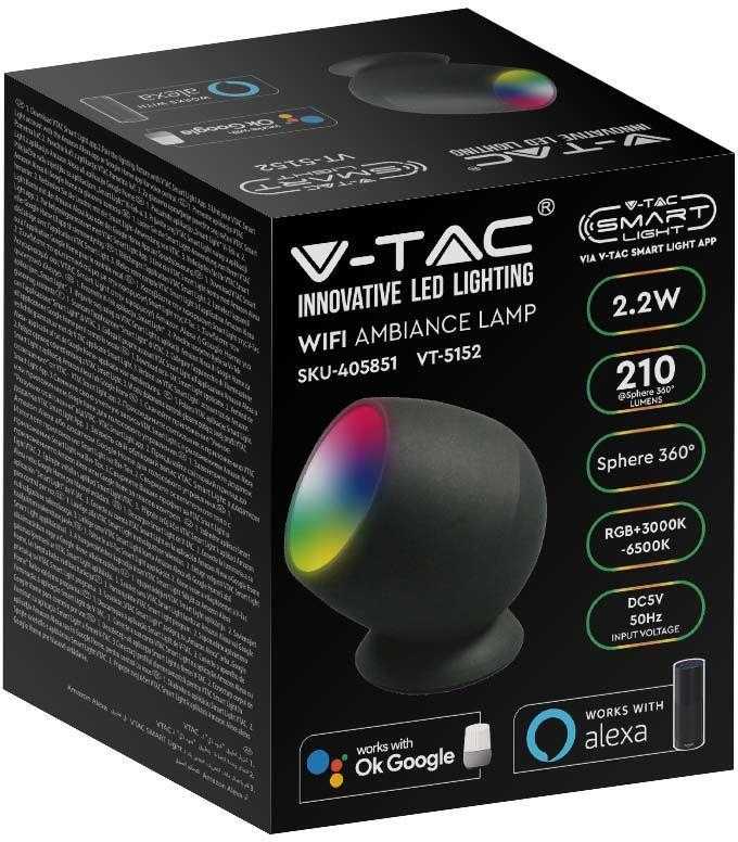 V-tac 2,2W LED šviestuvas, juodas, suderinamas su AMAZON ALEXA ir GOOGLE HOME, 3000-6500K/RGB