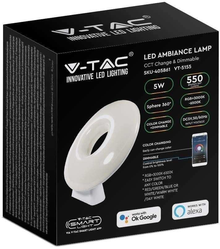 V-tac 4W LED šviestuvas, baltas, suderinamas su AMAZON ALEXA ir GOOGLE HOME, 3000-6500K/RGB