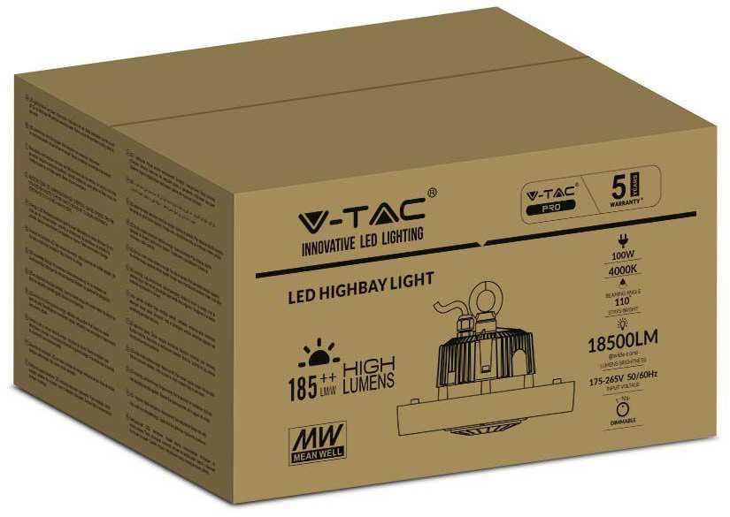 V-tac 100W LED UFO sandėlio šviestuvas, juodas, 4000K, dimeriuojamas