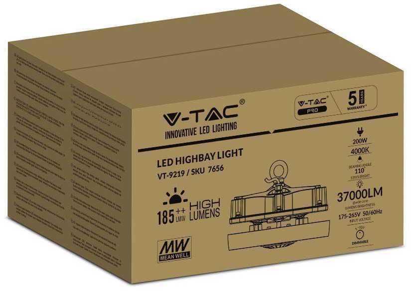 V-tac 200W LED UFO sandėlio šviestuvas, juodas, 6500K, dimeriuojamas