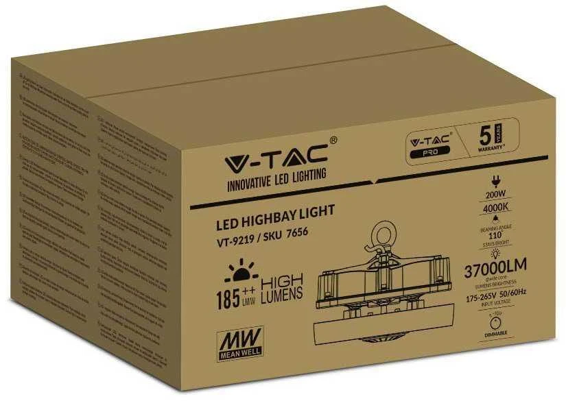V-tac 200W LED UFO sandėlio šviestuvas, juodas, 4000K, dimeriuojamas
